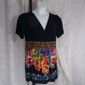 Ensemble Summer Baby Doll Top, Black Bodice, Floral Bottom NWOT